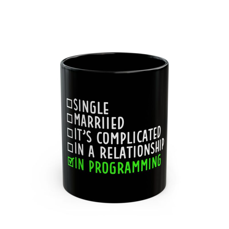 "In a Relationship with Programming" mug with checkboxes for single, married, complicated, and programming
